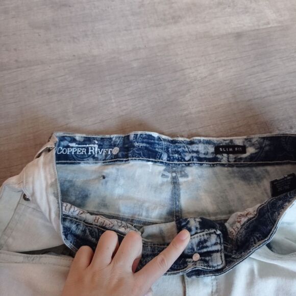 Copper Rivet Jeans Bandana Print Paint Dip Ripped Slim Fit Blue Pants 36/32 - Picture 4 of 6